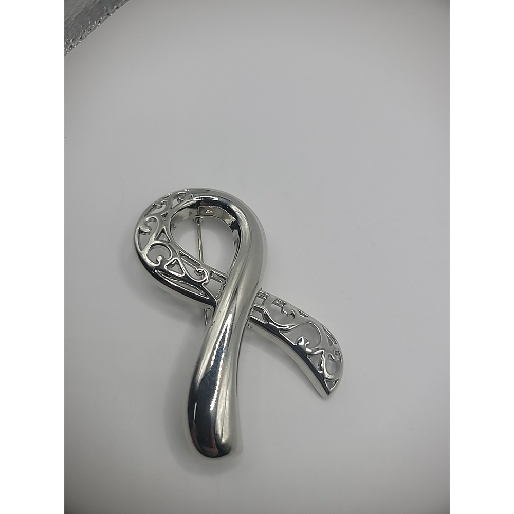 Vintage Brooch Pin Ribbon Silver Tone‎ Filligree Design Jewelry Costume